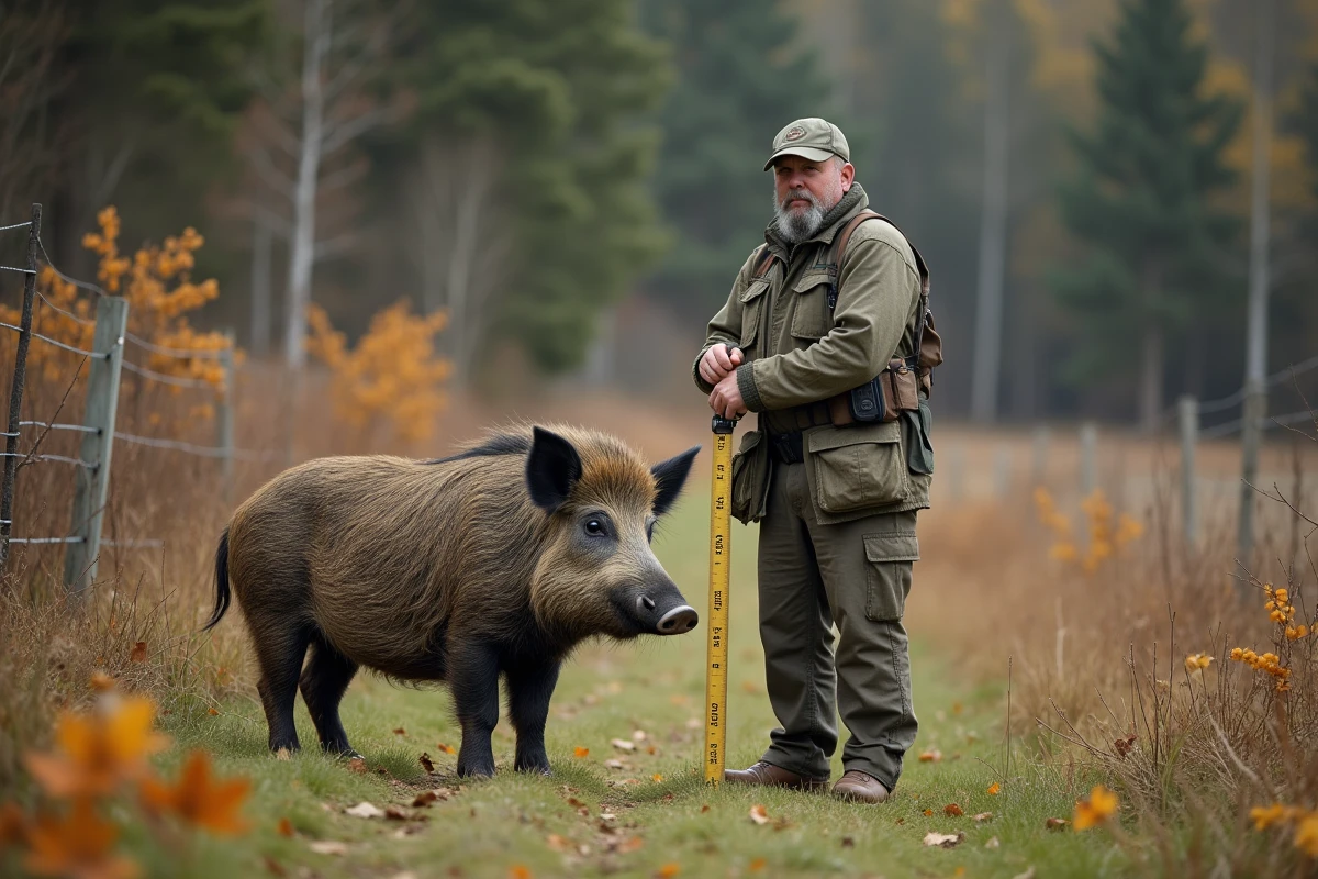 Chasseur mesurant un sanglier dans la nature