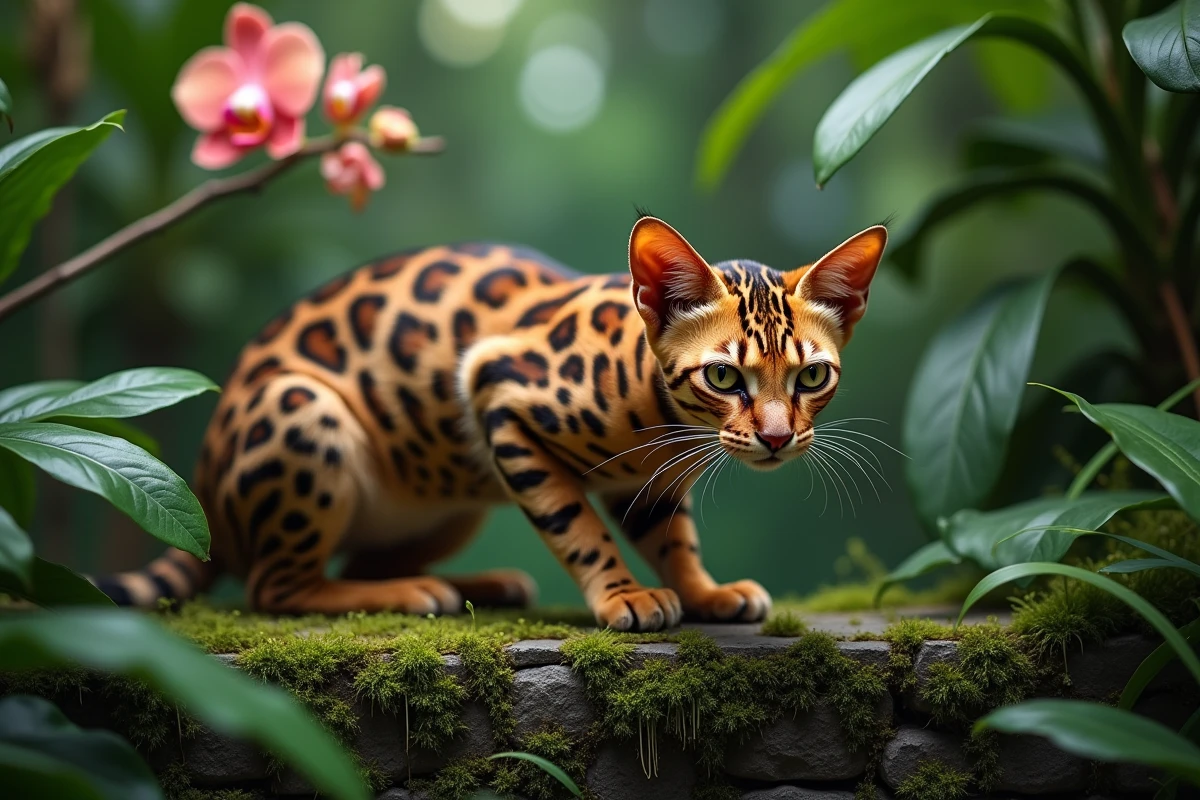 Chat Bengal aux rosettes dorées en position d'affût sur un muret de pierre dans un jardin tropical luxuriant
