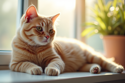 Chat british shorthair beige sur une fenetre ensoleillee