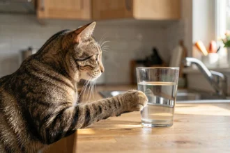 Chat curieux près d'un verre au bord d'une table