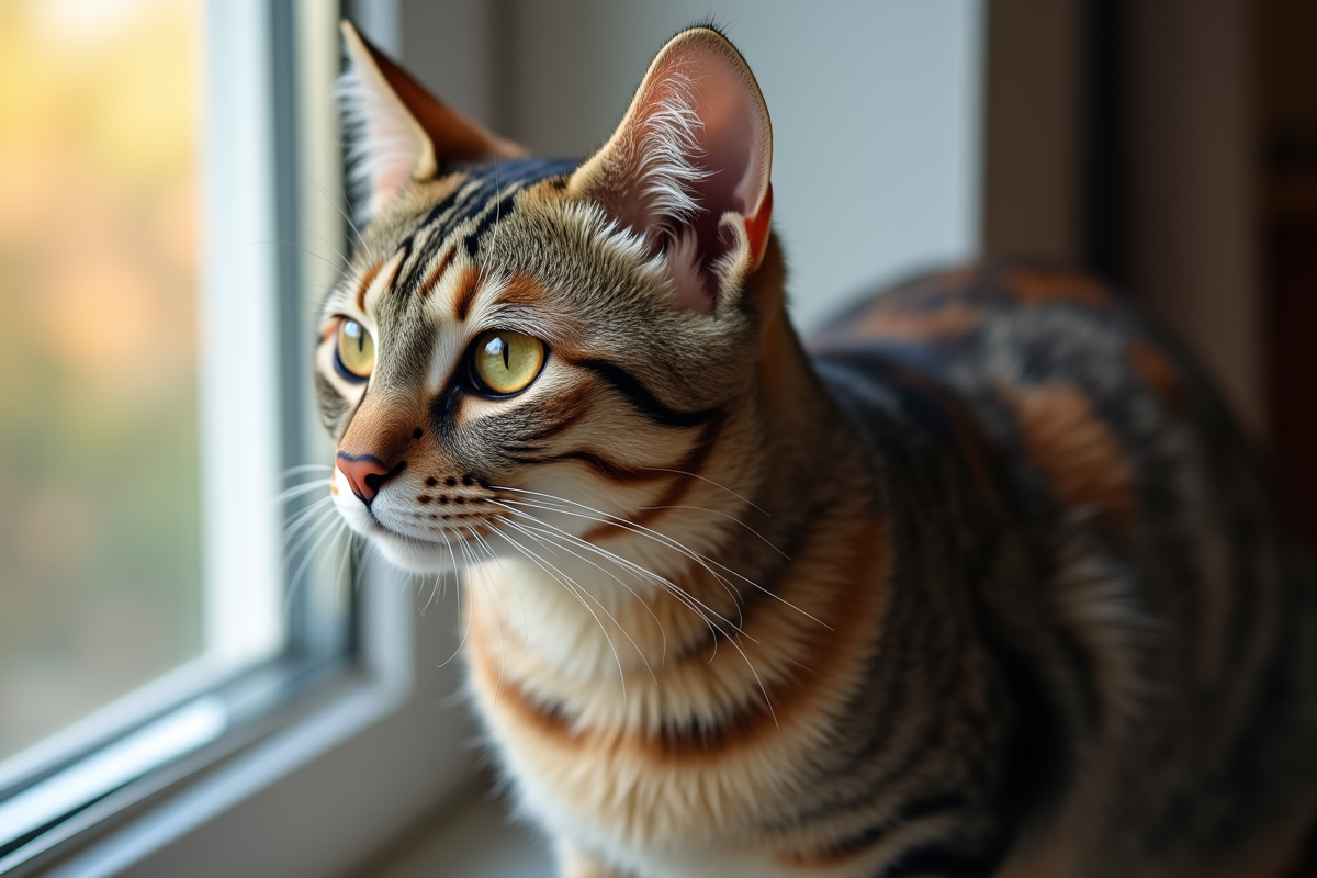 Chat domestique assis sur une fenêtre en journée avec pelage terne