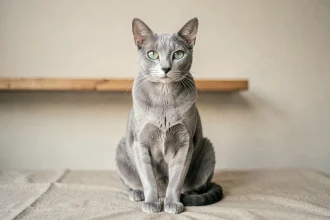 Chat Korat adulte aux yeux verts lumineux assis sur un tissu en lin dans un intérieur minimaliste