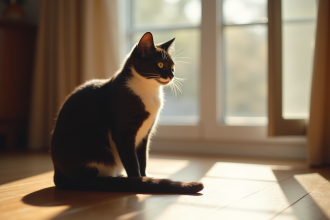 Chat noir et blanc sur sol en bois en lumière naturelle