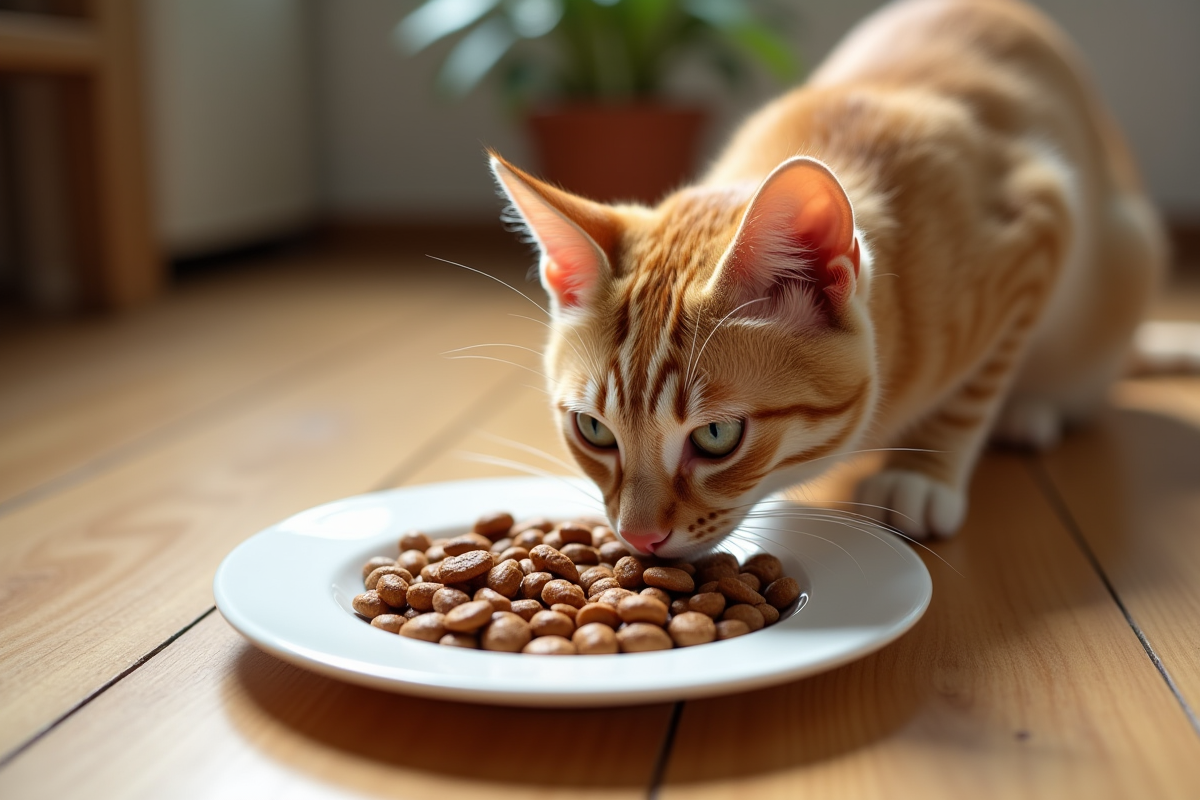 Chat reniflant une assiette de nourriture saine pour animaux