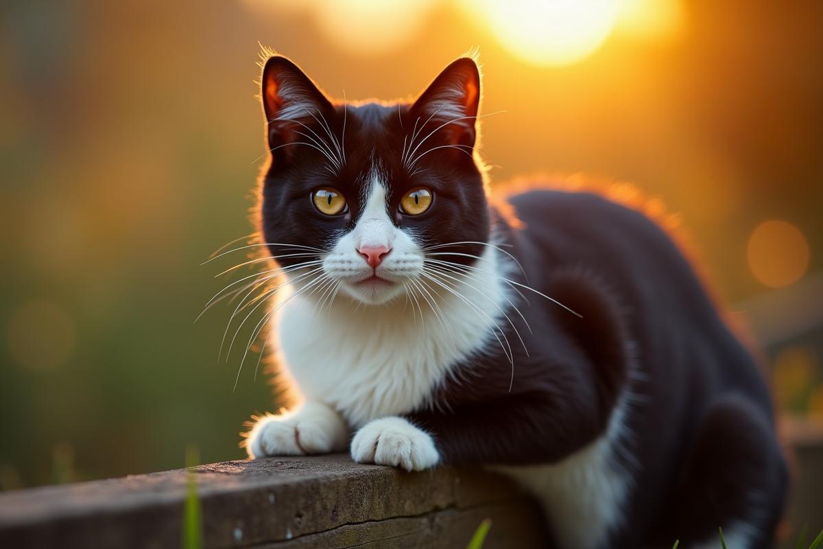 Chat noir et blanc sur clôture de jardin au coucher du soleil