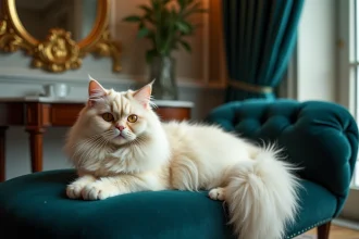 Chat persan au pelage ivoire soyeux allongé sur une chaise en velours dans un appartement parisien luxueux