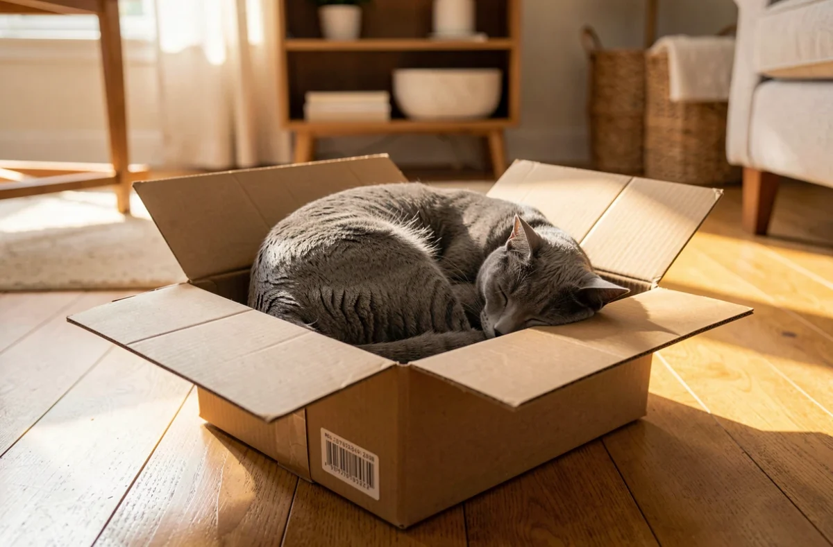 Chat roulé en boule dans un carton trop petit