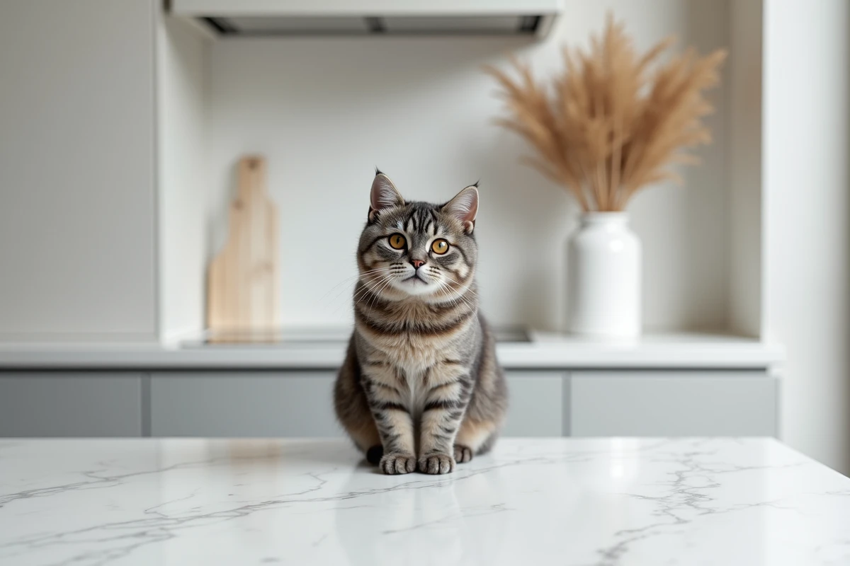 Chat Scottish Fold aux oreilles repliées et au pelage argenté posé sur un plan de travail en marbre dans une cuisine scandinave moderne