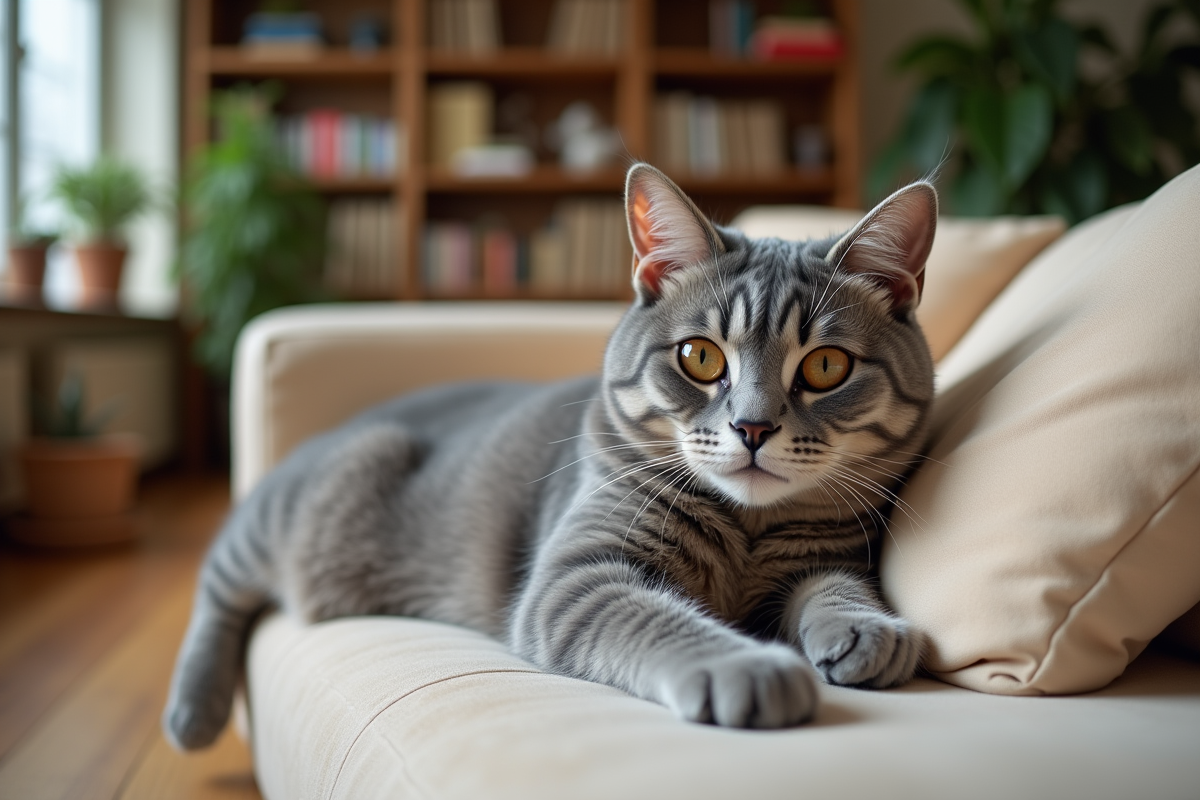 Chat gris argenté sur canapé beige dans un salon chaleureux