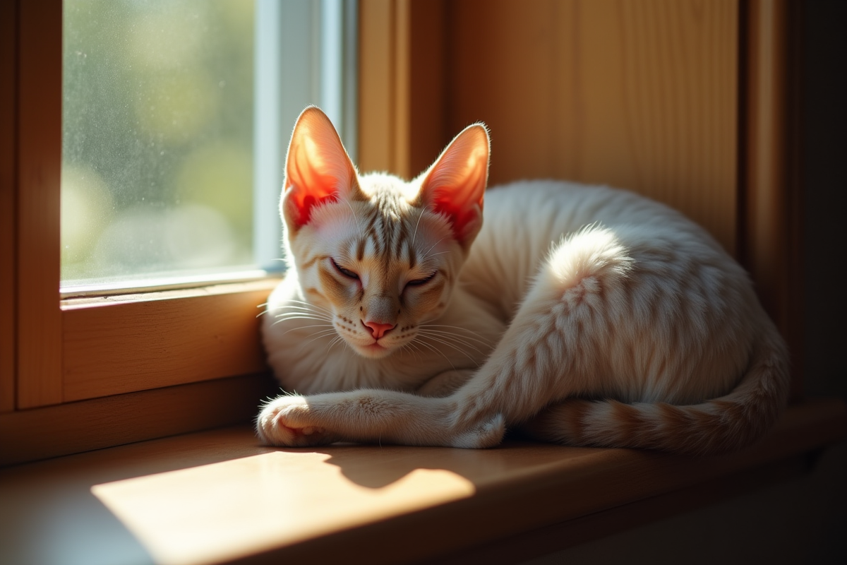 Chat sphinx allongé sur une fenêtre en bois au soleil du matin