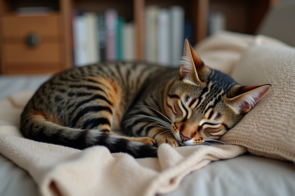 Chat tabby endormi sur un canapé confortable