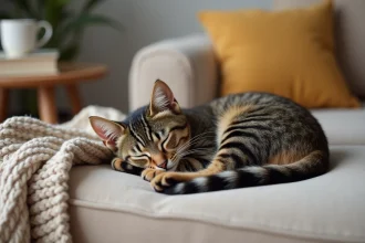 Chat tabby endormi sur un canapé beige chaleureux