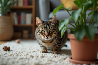 Chat tabby concentré derrière une plante dans un salon