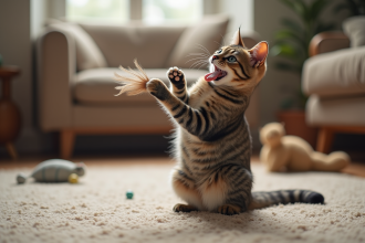 Chat tabby jeune jouant avec une plume dans un salon