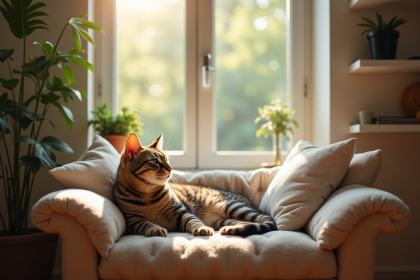 Chat tabby allongé sur un siège ensoleillé près d'une fenêtre