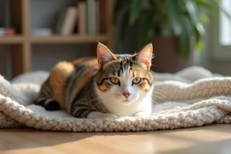 Chat tricolore au repos sur une couverture beige