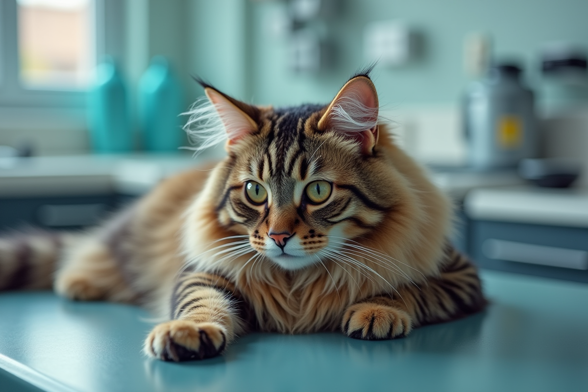 Chat à poil long sur table vétérinaire avec poil gras et en mauvais état