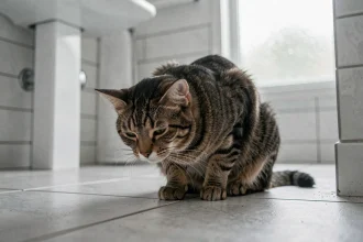 Chat tigré accroupi sur le carrelage de la salle de bain avec une posture inconfortable évoquant des nausées