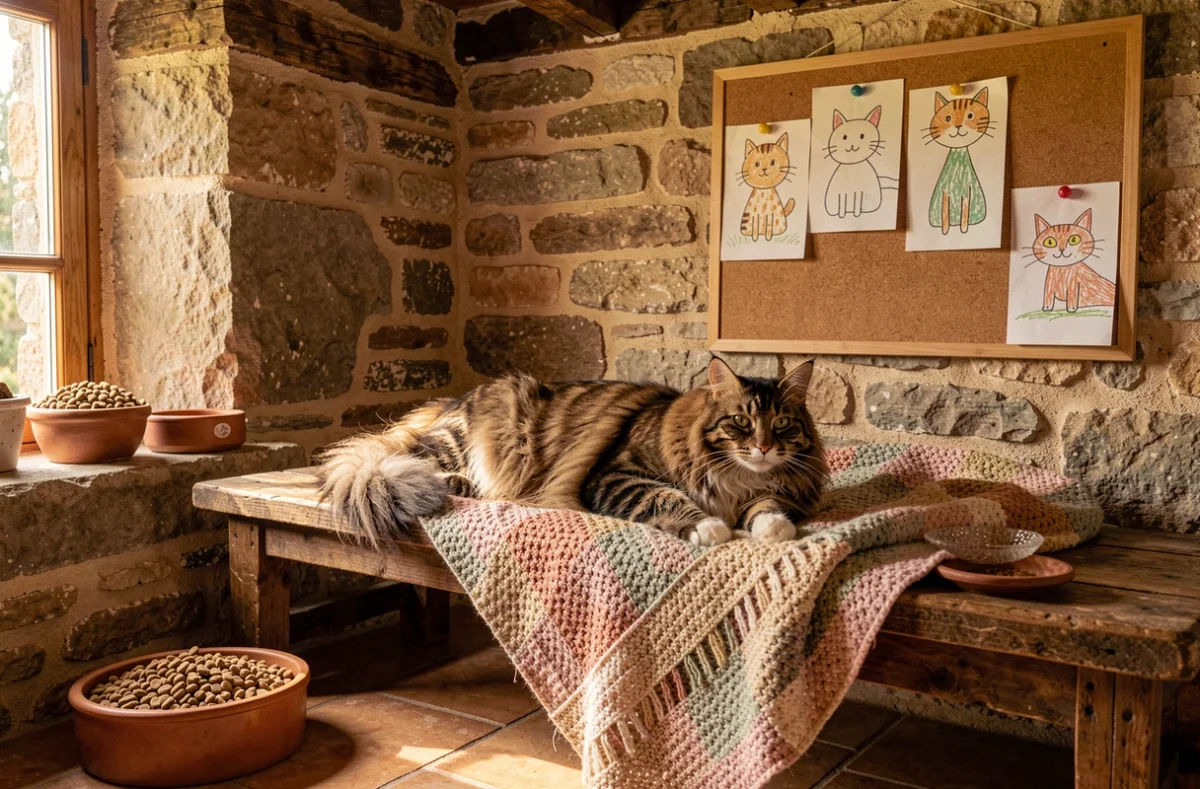 Un Maine Coon moelleux allongé sur une couverture tricotée dans l'ambiance familiale et chaleureuse de la pension Chat'lut