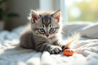 Chaton angora gris jouant avec une plume lumineuse