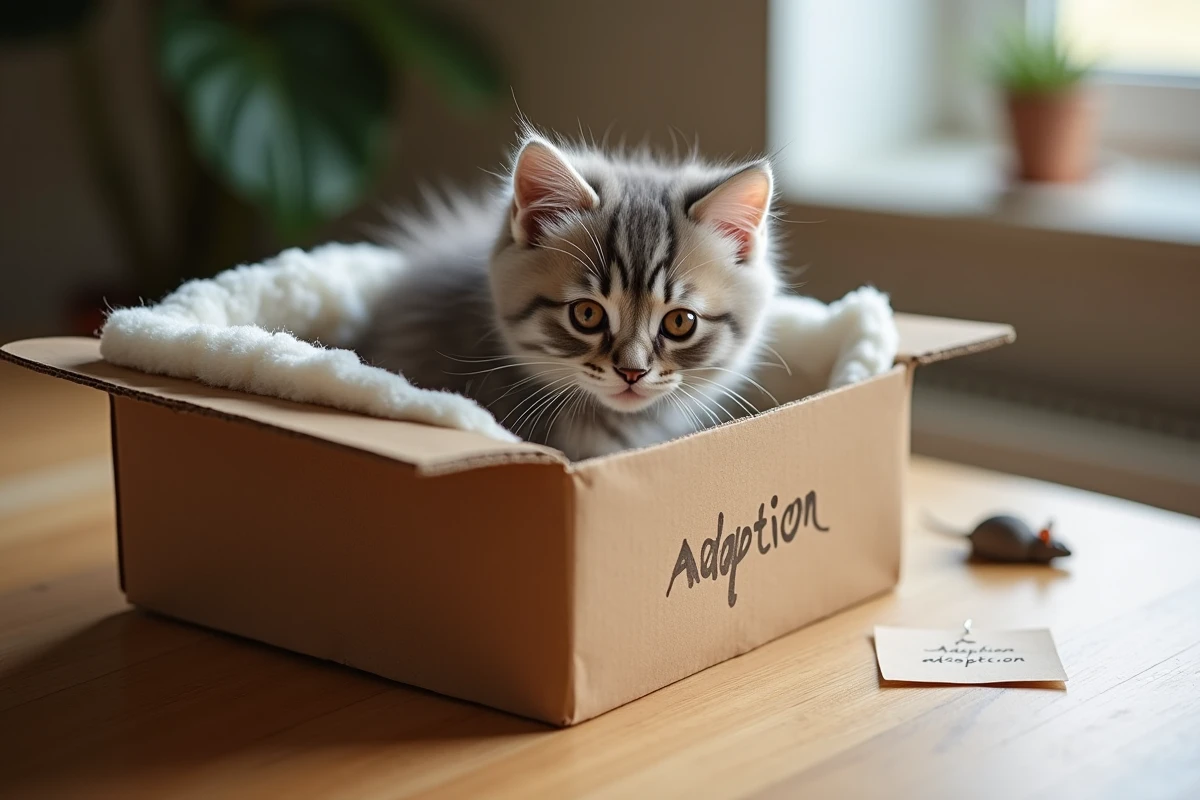 Chaton British Shorthair tabby argenté dans une boîte d'adoption en carton avec une couverture douce et une note manuscrite