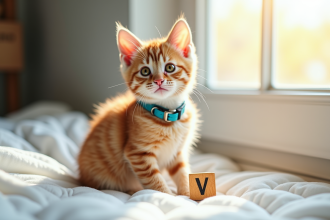 Chaton roux joueur avec collier bleu près d une fenêtre
