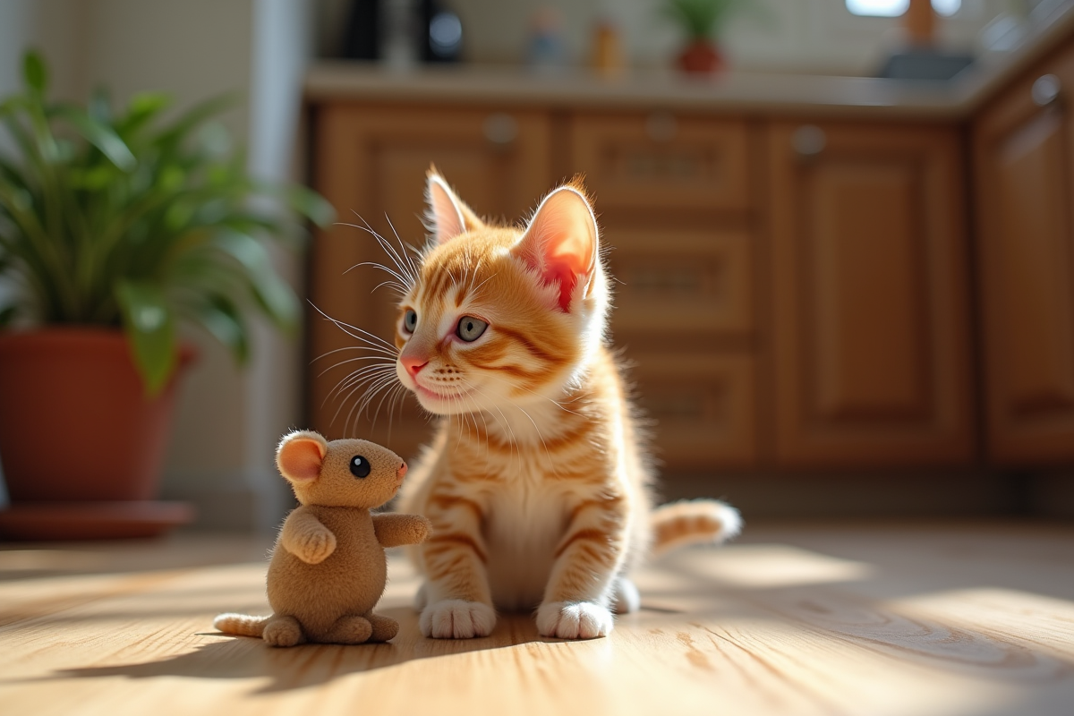 Chaton ginger jouant avec un souris en cuisine lumineuse
