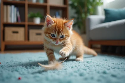 Jeune chaton ginger jouant sur un tapis bleu dans un salon cosy