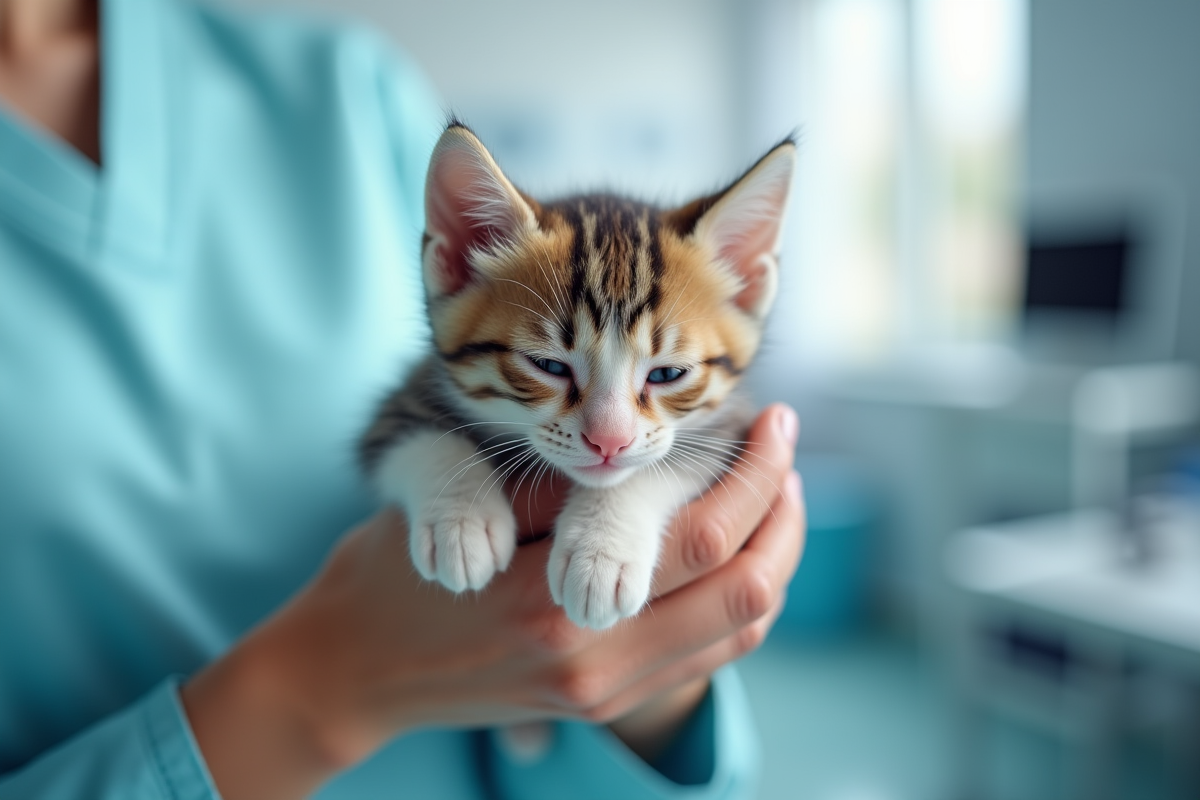 Chaton détendu tenu par un vétérinaire dans une clinique