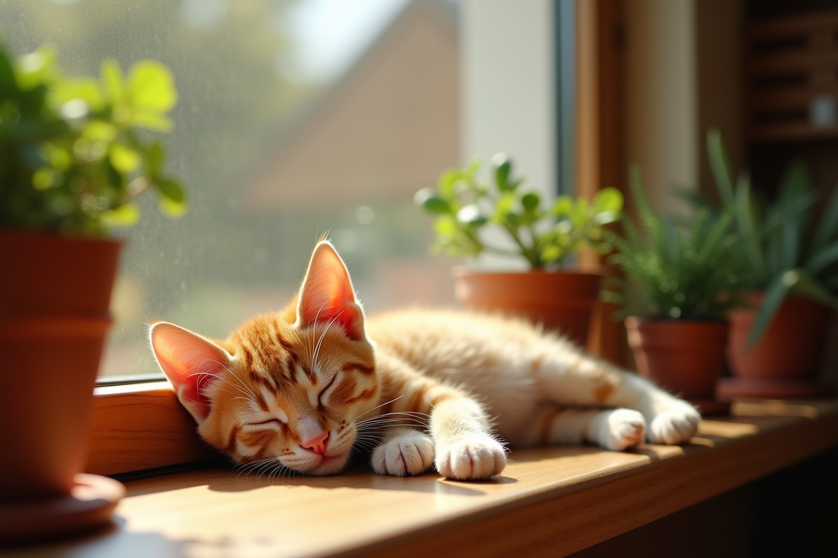 Chaton roux dormant sur une fenêtre ensoleillée
