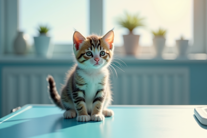 Chaton curieux sur table d'examen vétérinaire