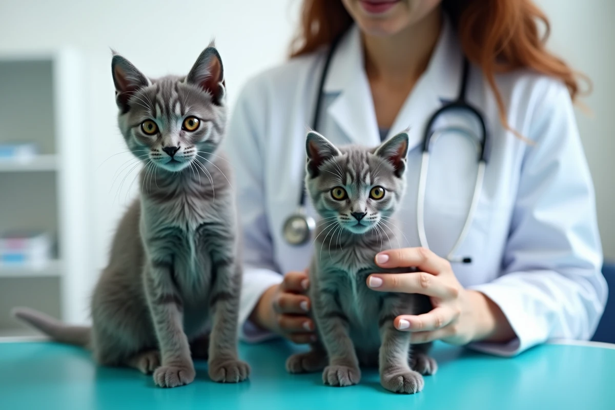 Deux chatons British Shorthair gris sur une table vétérinaire examinés par une vétérinaire avant adoption