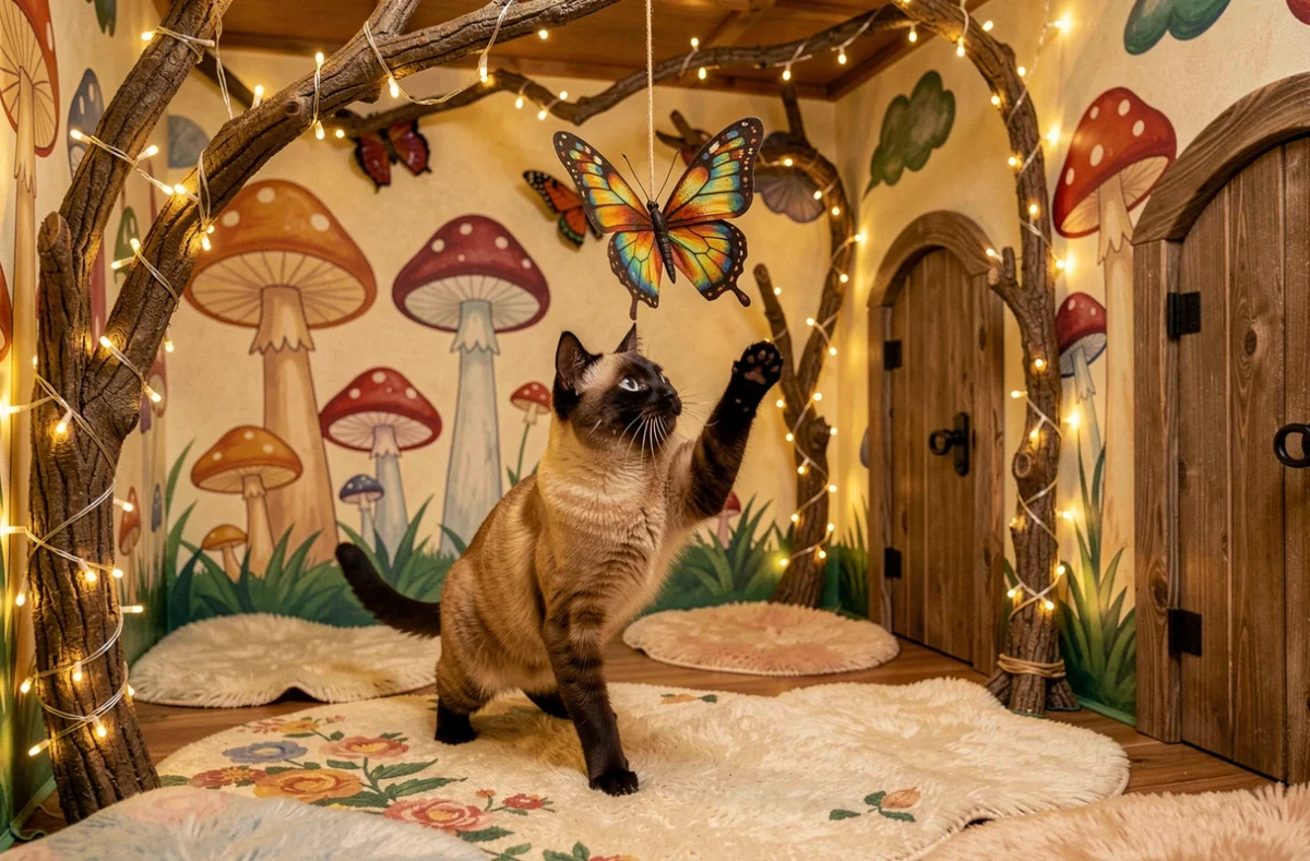 Un chat siamois joueur frappe un papillon suspendu dans le décor féérique et imaginatif de la pension Chatperlipopet'
