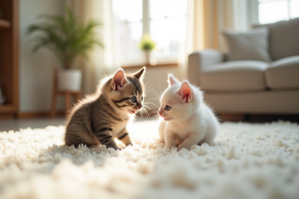 Deux chats nains dont un munchkin et un bambino sur un tapis blanc