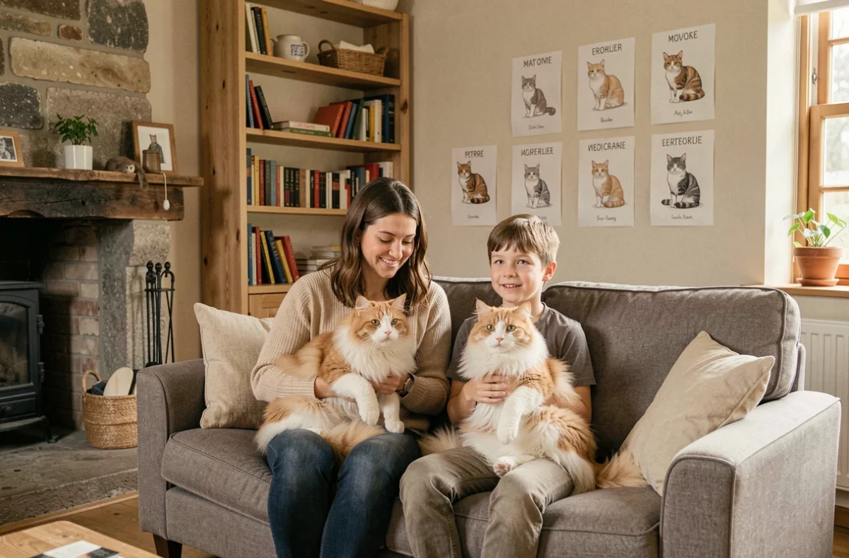 Femme et enfant tenant chacun un chat dans un salon familial aménagé en chatterie dans les Pays de la Loire à Beaumilon