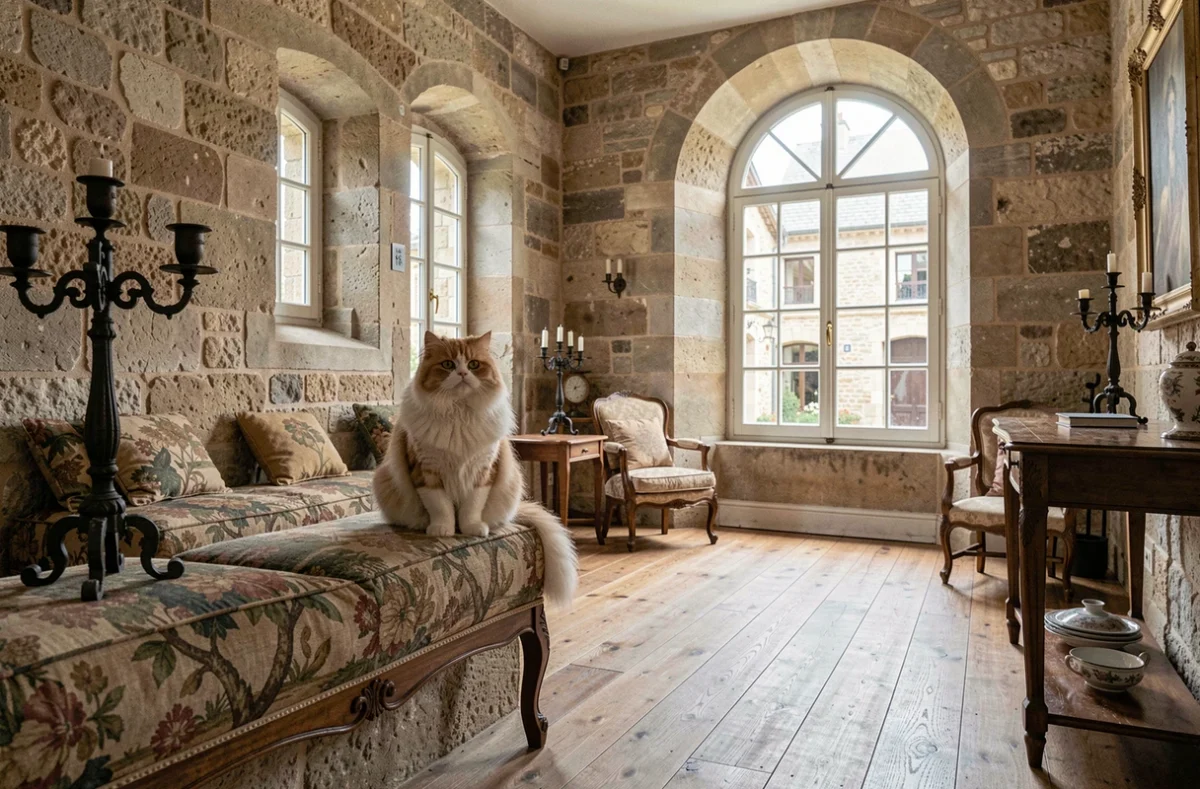 Un chat persan majestueux posé sur une corniche en pierre dans l'atmosphère de château historique de la Chatterie De La Tour