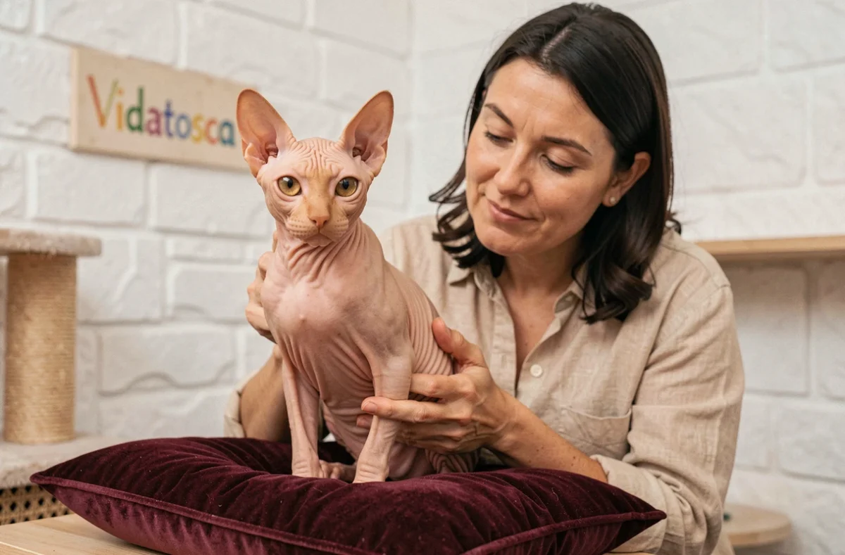 Chat Sphynx à la peau nue et aux yeux ambrés tenu par une éleveuse dans la chatterie de la Vidatosca à Longué-Jumelles