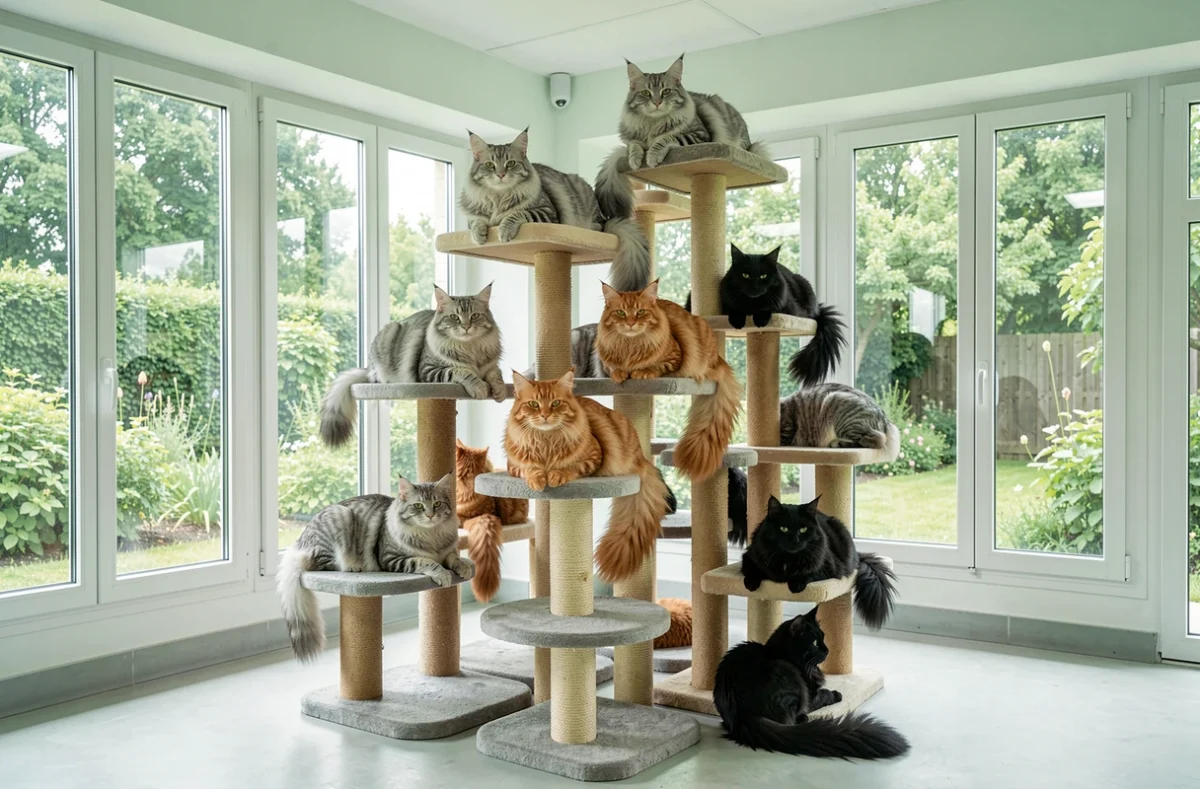 Plusieurs Maine Coon de couleurs variées sur un arbre à chat modulaire dans une chatterie lumineuse de Loire-Atlantique