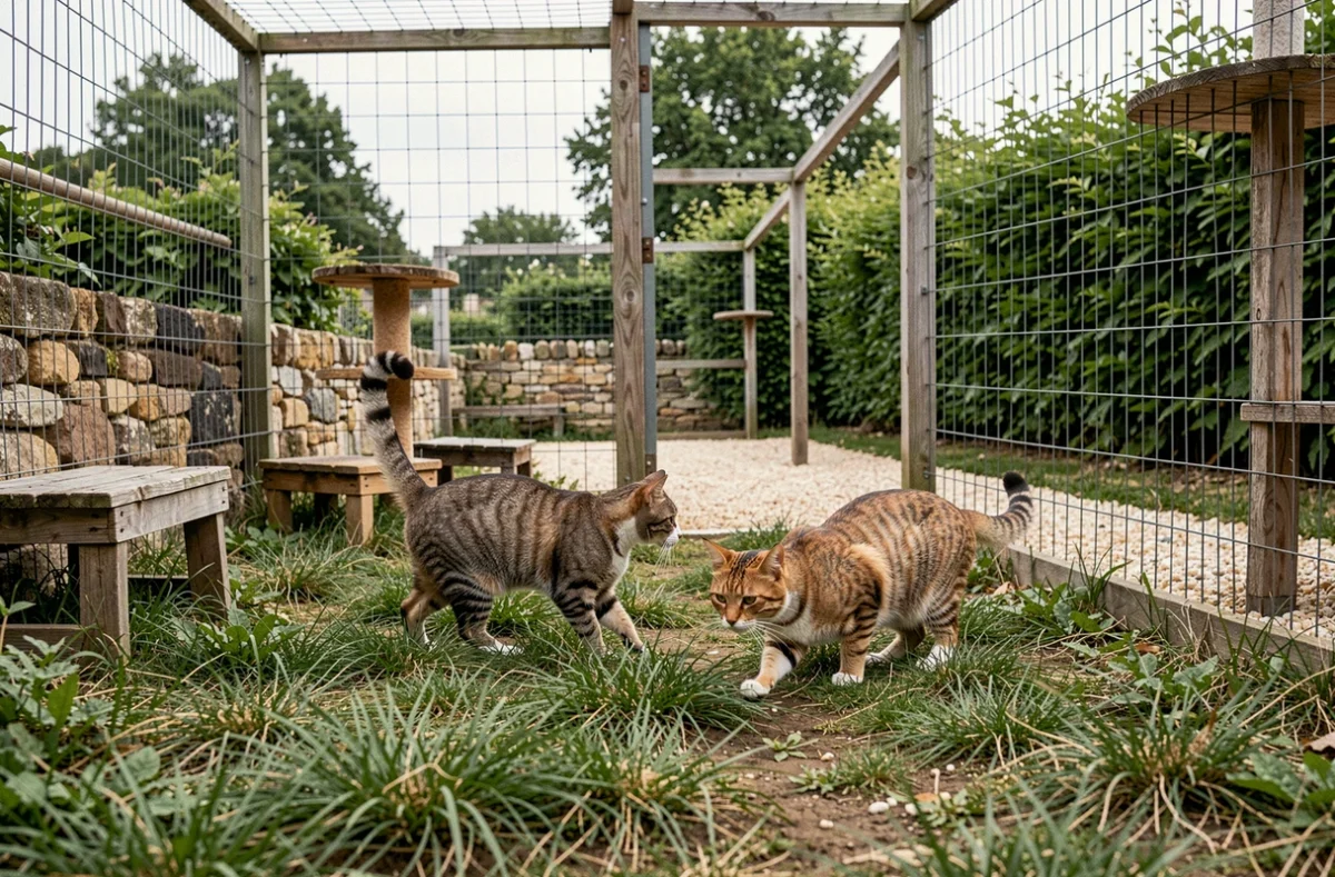 Deux chats explorent un enclos extérieur sécurisé du Chenil Des Amaries dans un cadre champêtre du Rhône