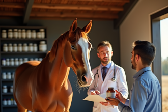 Cheval bai calme dans une stalle ensoleillee avec veterinaire et compléments