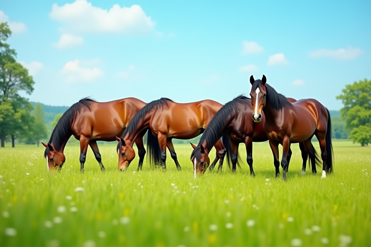 Groupe de chevaux paissant dans un pré vert ensoleillé