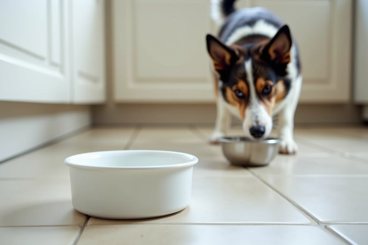 Chien border collie reniflant prudemment un bol d'eau à côté d'un gamelle vide, symbolisant le jeûne recommandé après des vomissements jaunes