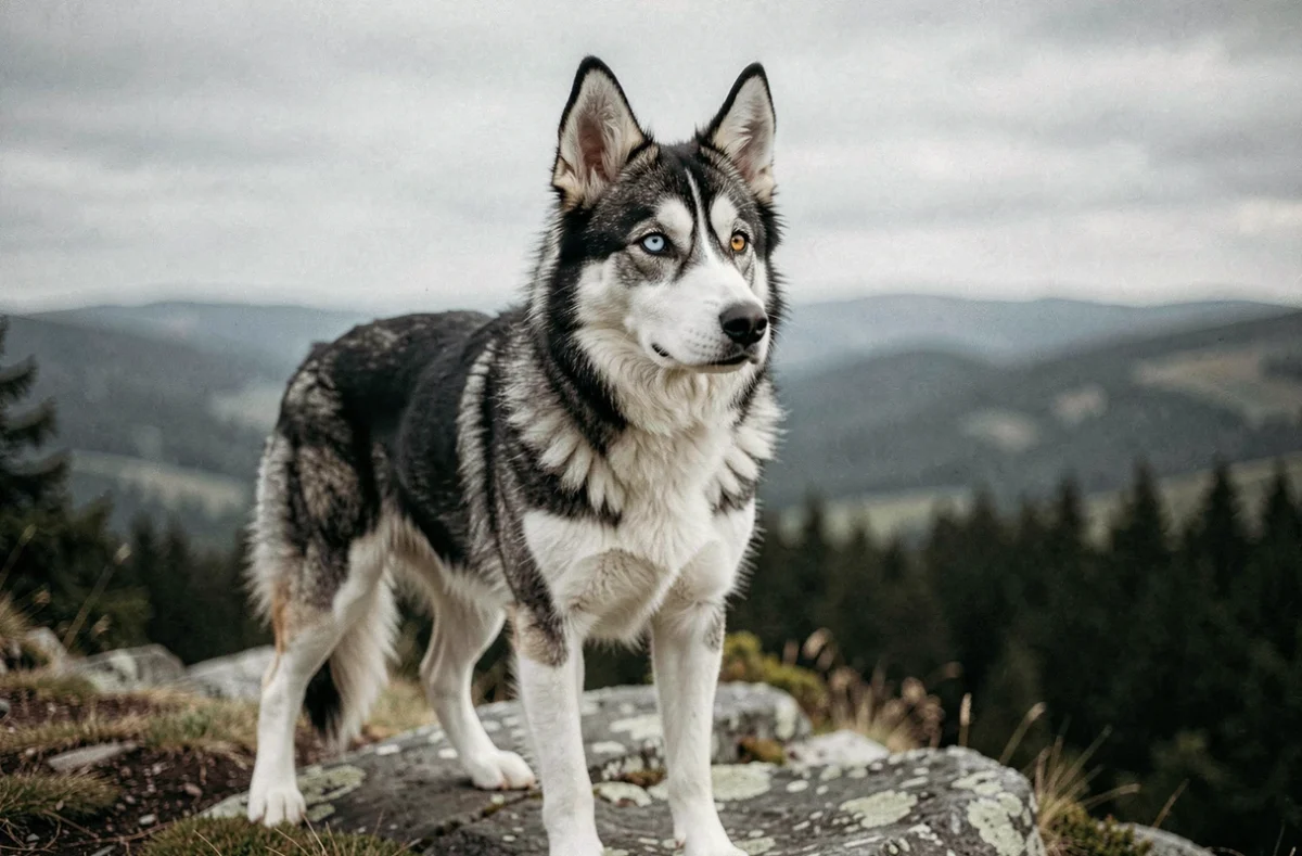Chien croisé husky berger allemand debout sur un rocher avec un paysage naturel en arrière-plan