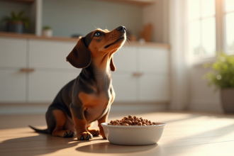 Kaninchen dachshund regardant une gamelle de nourriture saine