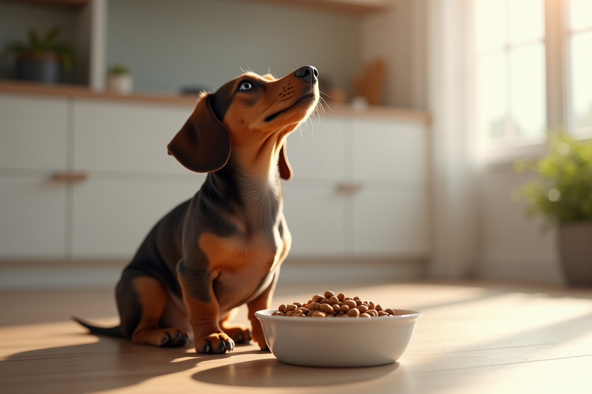 Kaninchen dachshund regardant une gamelle de nourriture saine