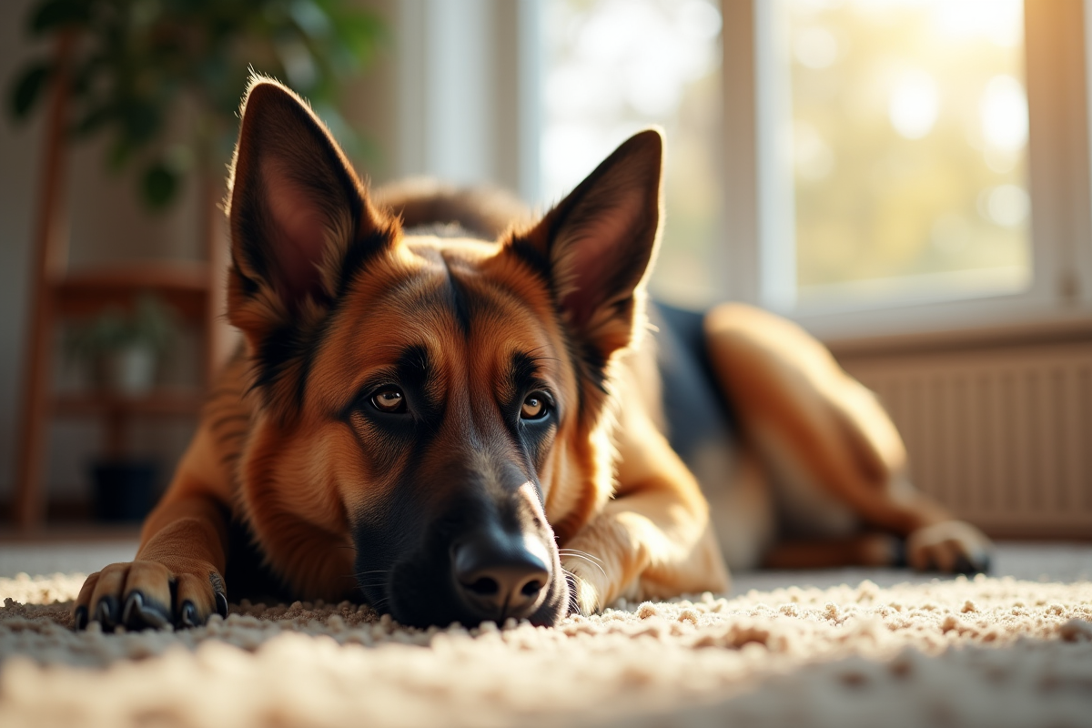 Chien allemand de berger âgé reposant dans un salon lumineux