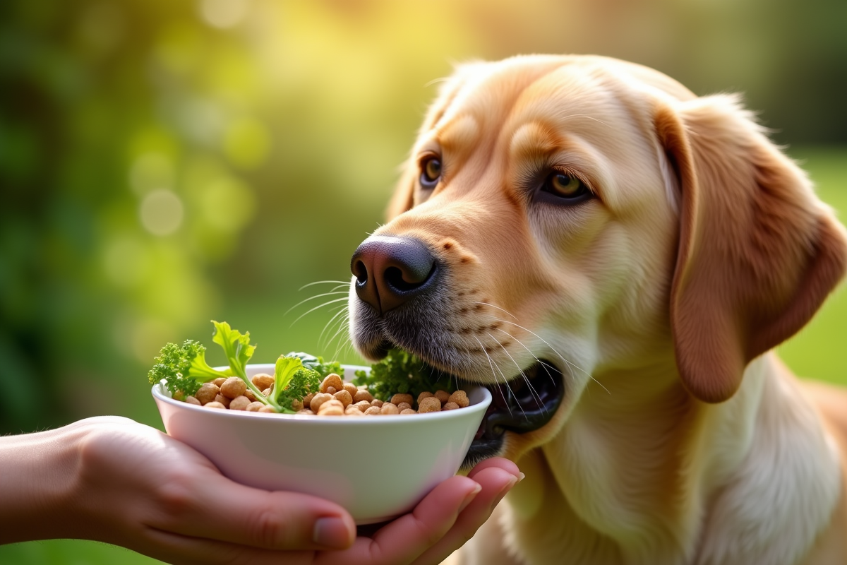 Chien labrador mangeant légumes frais dans le jardin