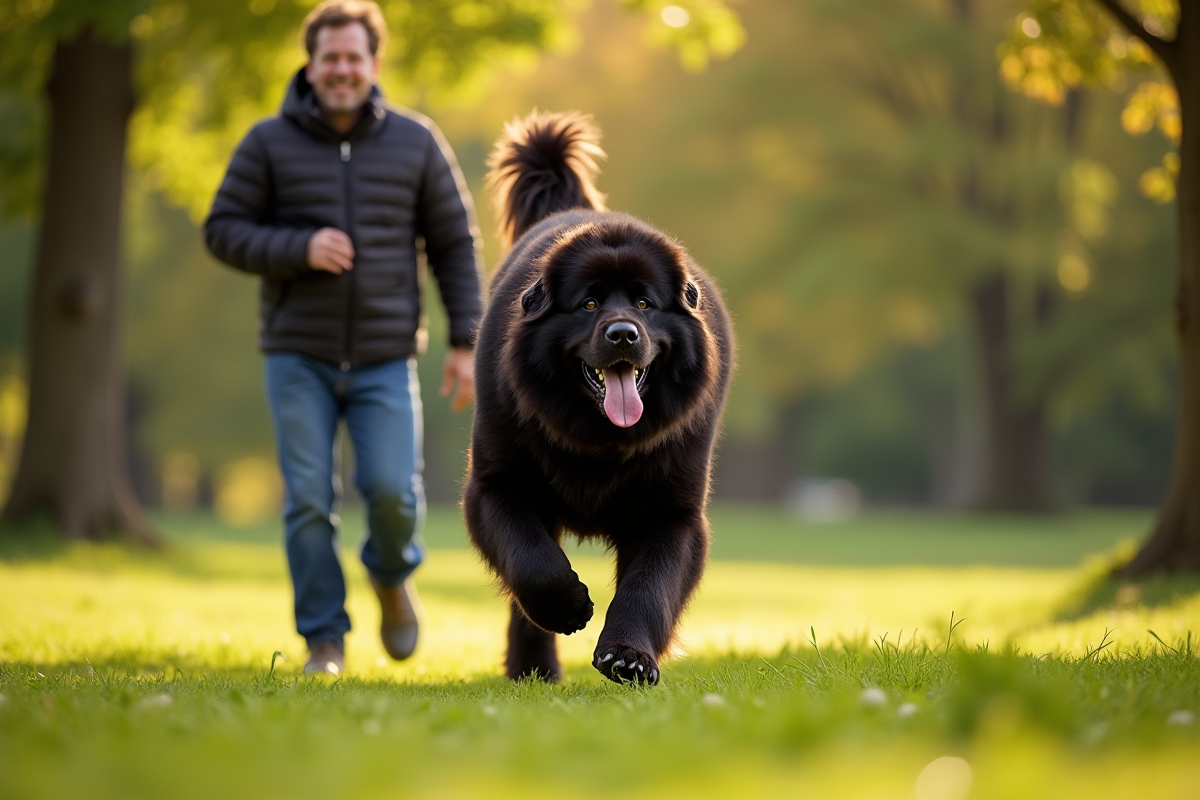 Chien Newfoundland adulte courant dans un parc vert ensoleille