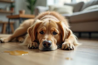 Chien golden retriever allongé sur le parquet avec une expression fatiguée, illustrant un chien qui vomit jaune à la maison