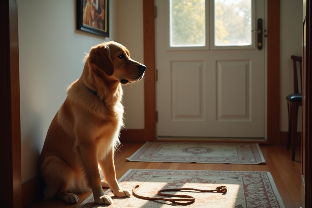 Chien retriever assis près d'une porte dans un couloir chaleureux